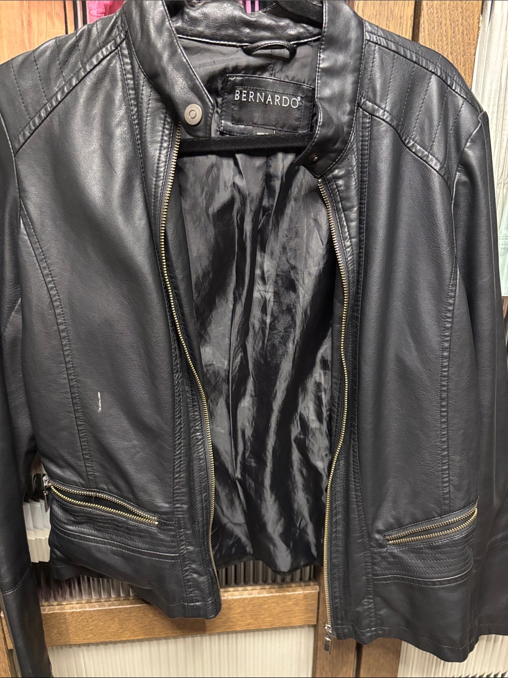 Bernardo Black Leather Moto Jacket with Gold Zippers